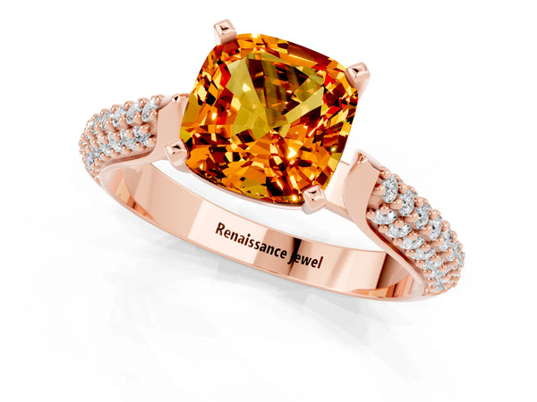 Rose gold Cushion Cut Citrine Solitaire Engagement Ring with Multi-Row Round Pavé Band and Prong Setting