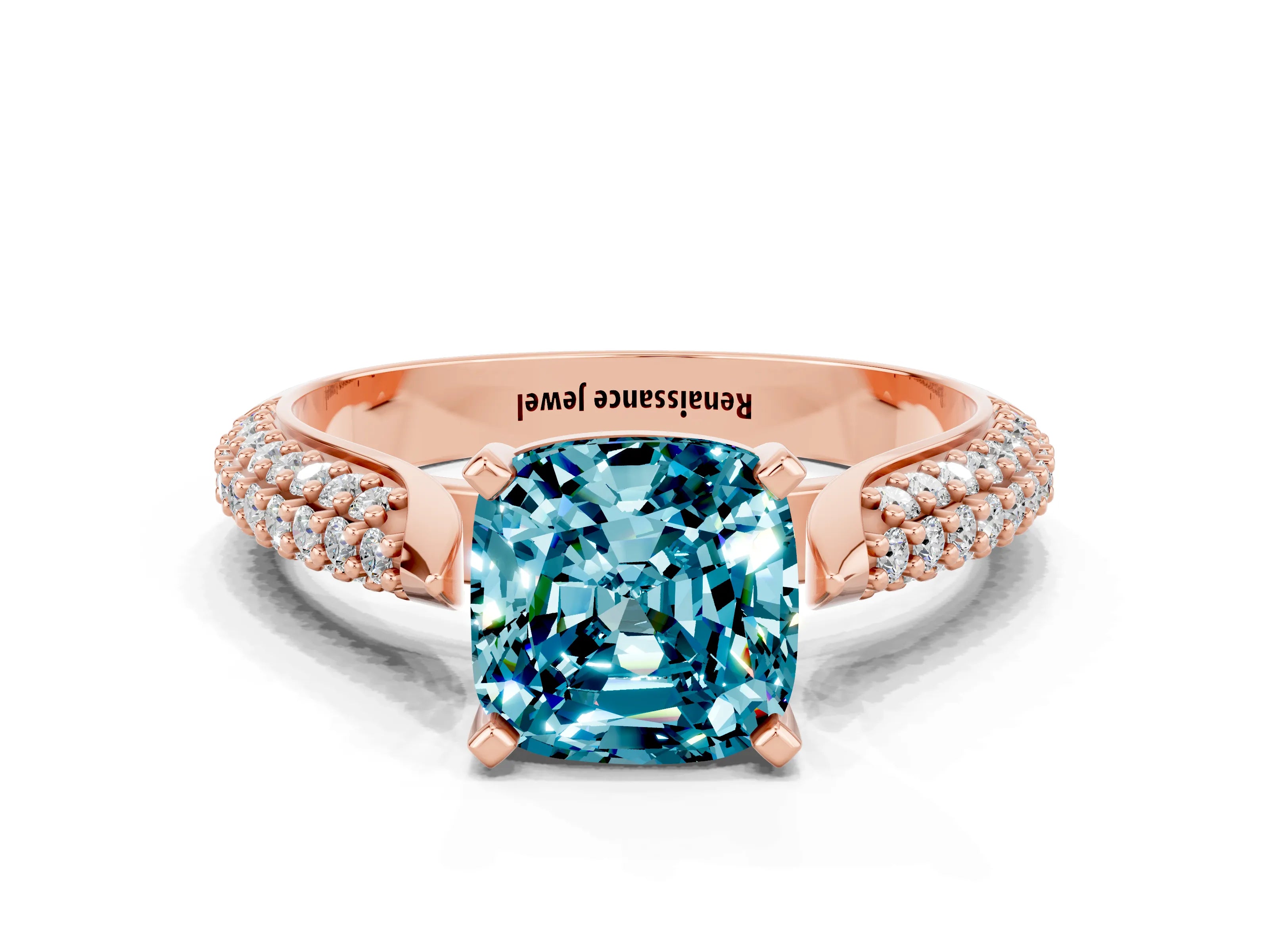 Rose gold Cushion Cut Diamond Solitaire Engagement Ring with Pavé Band and Four-Prong Setting