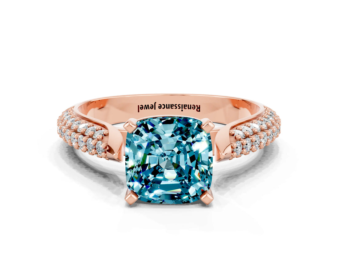 Rose gold Cushion Cut Diamond Solitaire Engagement Ring with Pavé Band and Four-Prong Setting