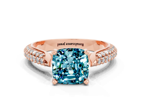 Rose gold Cushion Cut Diamond Solitaire Engagement Ring with Pavé Band and Four-Prong Setting