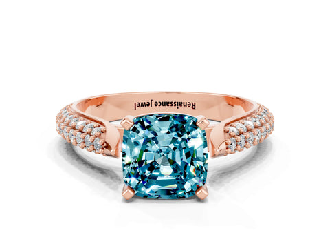 Rose gold Cushion Cut Diamond Solitaire Engagement Ring with Pavé Band and Four-Prong Setting