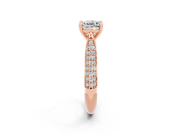Rose gold Cushion Cut Moissanite Solitaire Engagement Ring with Multi-Row Round Pavé Band and Prong Setting