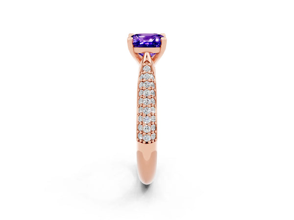 Rose gold Cushion Cut Tanzanite Solitaire Engagement Ring with Multi-Row Round Pavé Band and Prong Setting