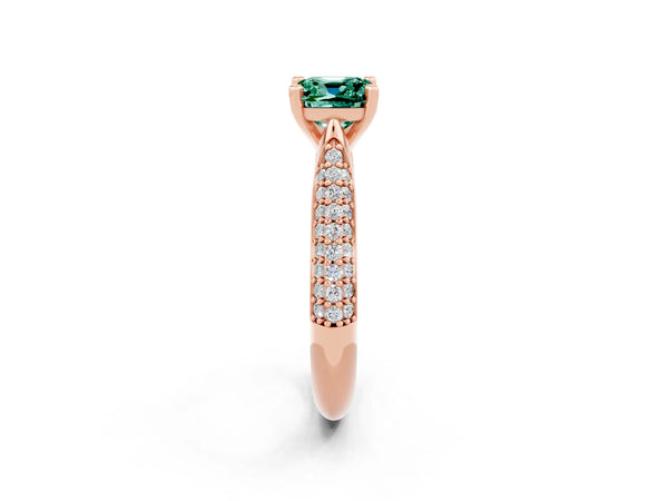 Rose gold Cushion Cut Green Sapphire Solitaire Engagement Ring with Multi-Row Round Pavé Band and Prong Setting