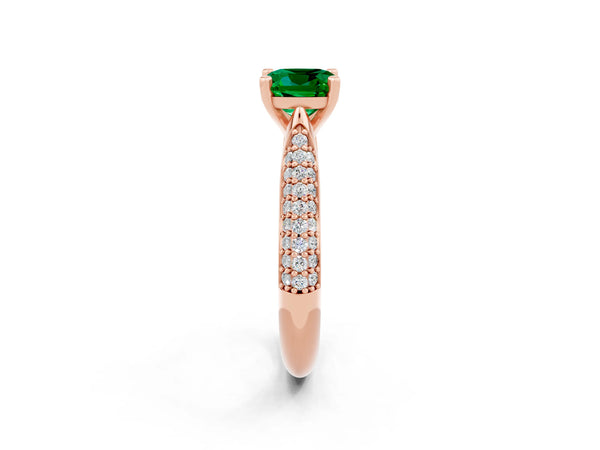 Rose gold Cushion Cut Emerald Solitaire Engagement Ring with Multi-Row Round Pavé Band and Prong Setting