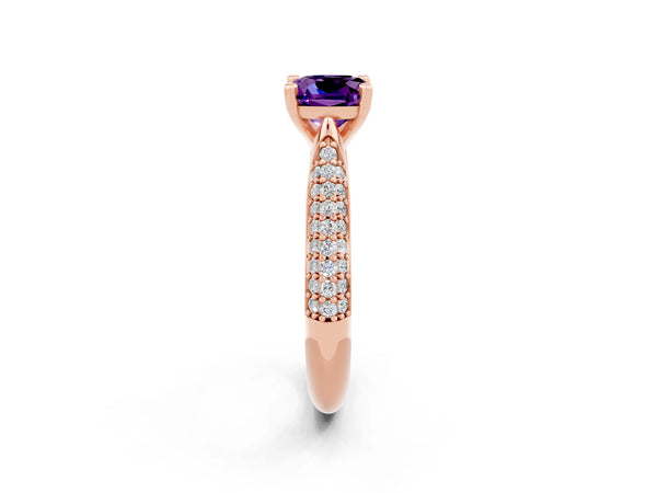 Rose gold Cushion Cut Amethyst Solitaire Engagement Ring with Multi-Row Round Pavé Band and Prong Setting