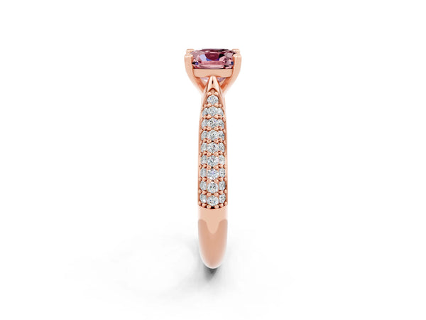 Rose gold Cushion Cut Diamond Solitaire Engagement Ring with Pavé Band and Four-Prong Setting