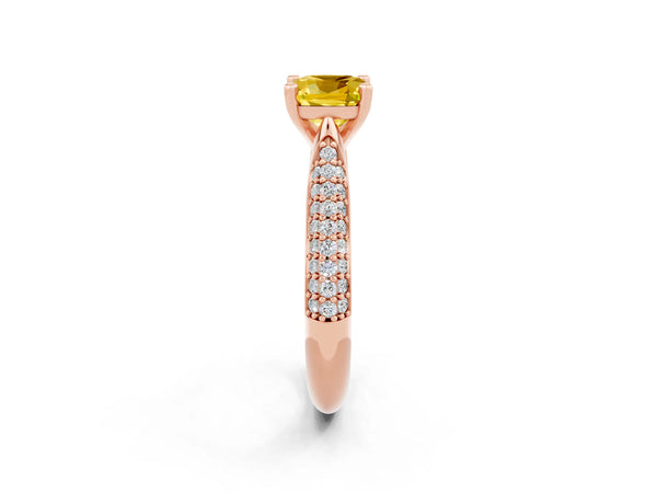 Rose gold Cushion Cut Yellow Sapphire Solitaire Engagement Ring with Multi-Row Round Pavé Band and Prong Setting
