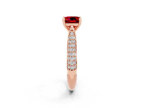 Rose gold Cushion Cut Diamond Solitaire Engagement Ring with Pavé Band and Four-Prong Setting