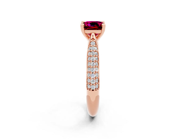 Rose gold Cushion Cut Garnet Solitaire Engagement Ring with Multi-Row Round Pavé Band and Prong Setting