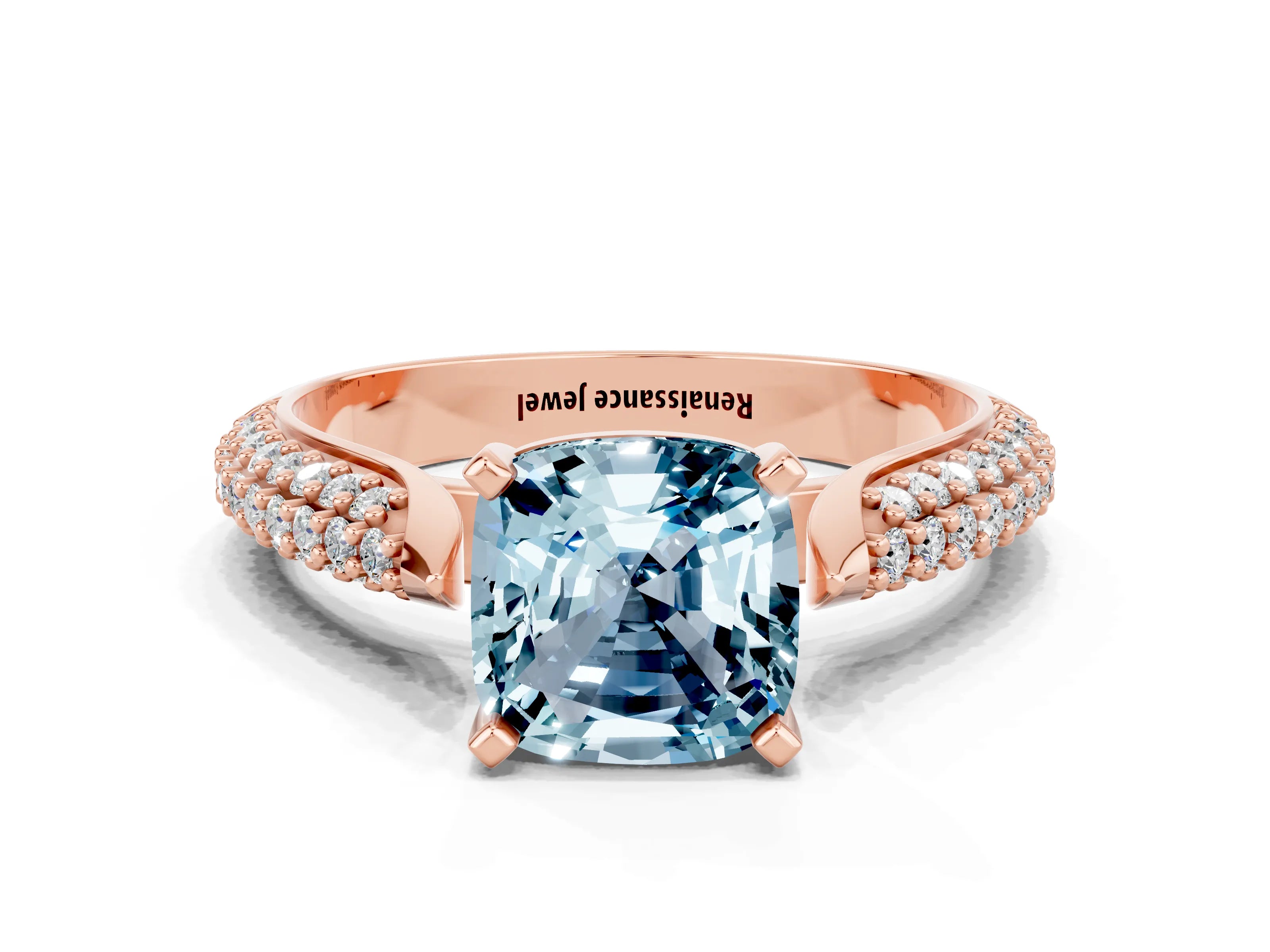 Rose gold Cushion Cut Diamond Solitaire Engagement Ring with Pavé Band and Four-Prong Setting