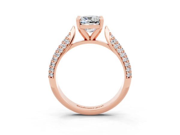 Rose gold Cushion Cut Moissanite Solitaire Engagement Ring with Multi-Row Round Pavé Band and Prong Setting