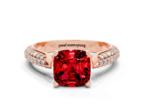 Rose gold Cushion Cut Diamond Solitaire Engagement Ring with Pavé Band and Four-Prong Setting