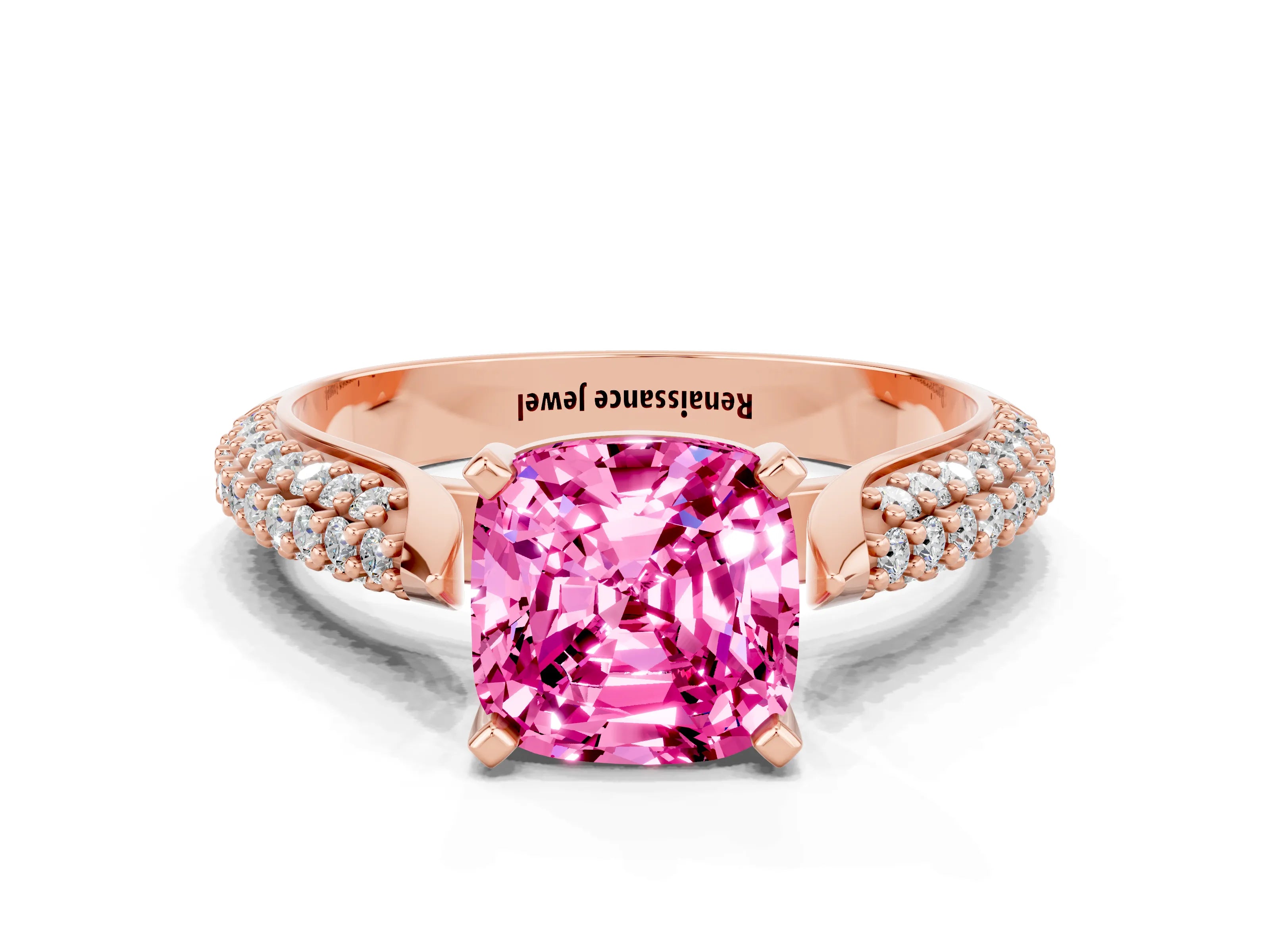 Rose gold Cushion Cut Diamond Solitaire Engagement Ring with Pavé Band and Four-Prong Setting