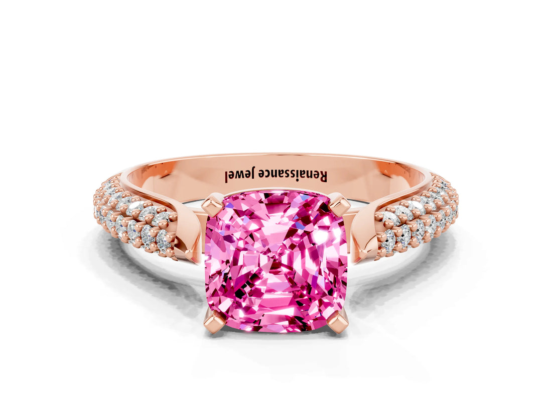 Rose gold Cushion Cut Diamond Solitaire Engagement Ring with Pavé Band and Four-Prong Setting
