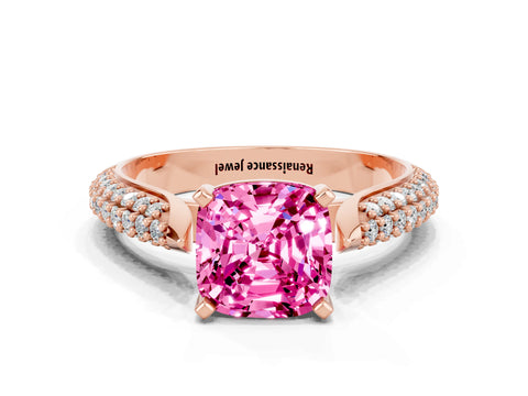Rose gold Cushion Cut Diamond Solitaire Engagement Ring with Pavé Band and Four-Prong Setting