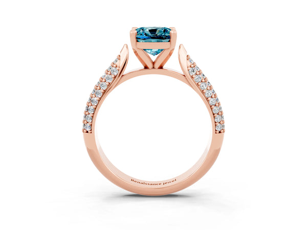 Rose gold Cushion Cut Diamond Solitaire Engagement Ring with Pavé Band and Four-Prong Setting
