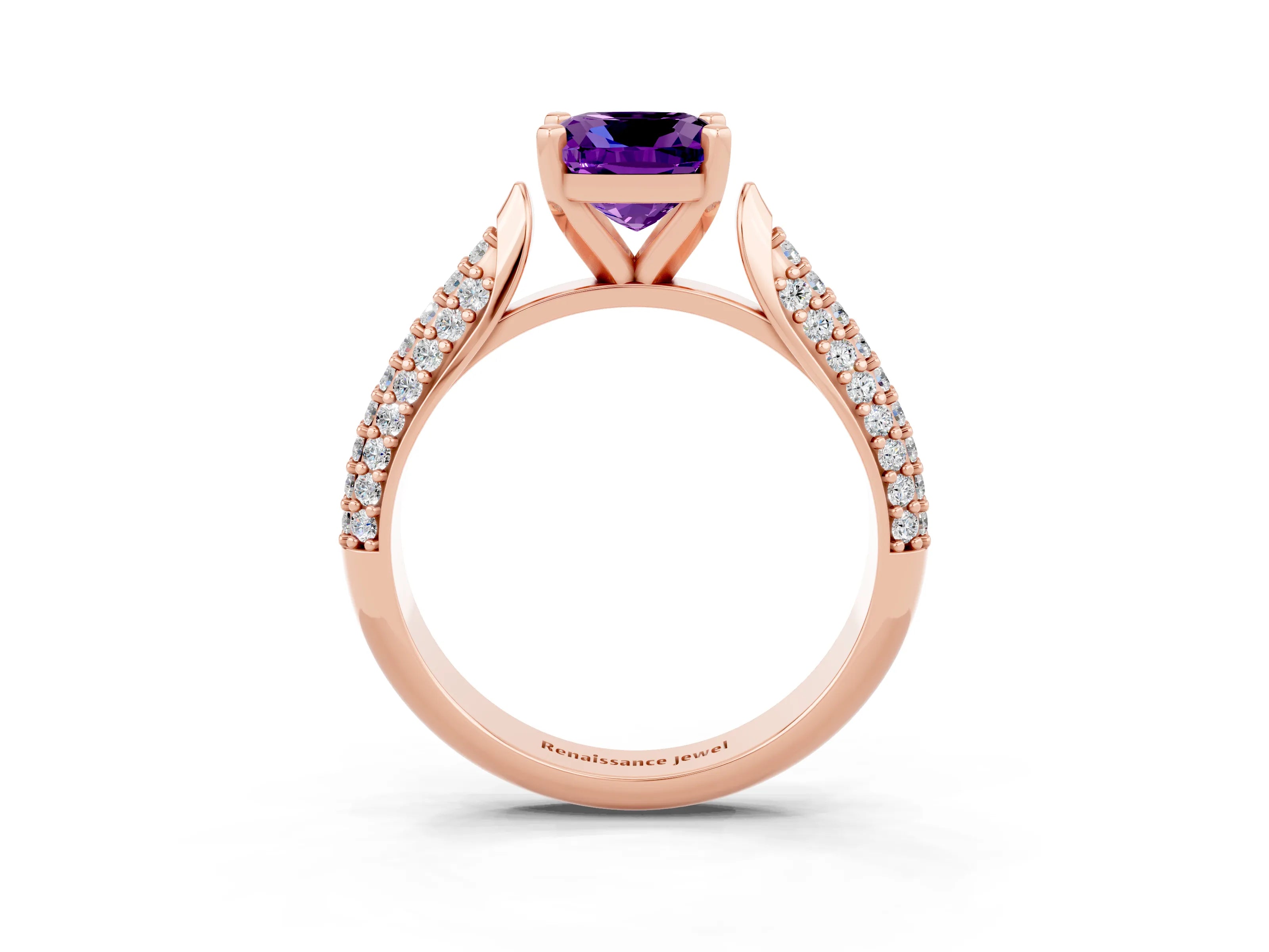 Rose gold Cushion Cut Diamond Solitaire Engagement Ring with Pavé Band and Four-Prong Setting_3