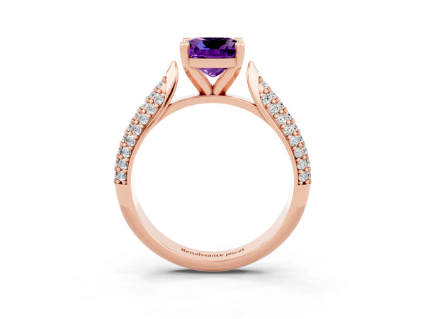 Rose gold Cushion Cut Amethyst Solitaire Engagement Ring with Multi-Row Round Pavé Band and Prong Setting