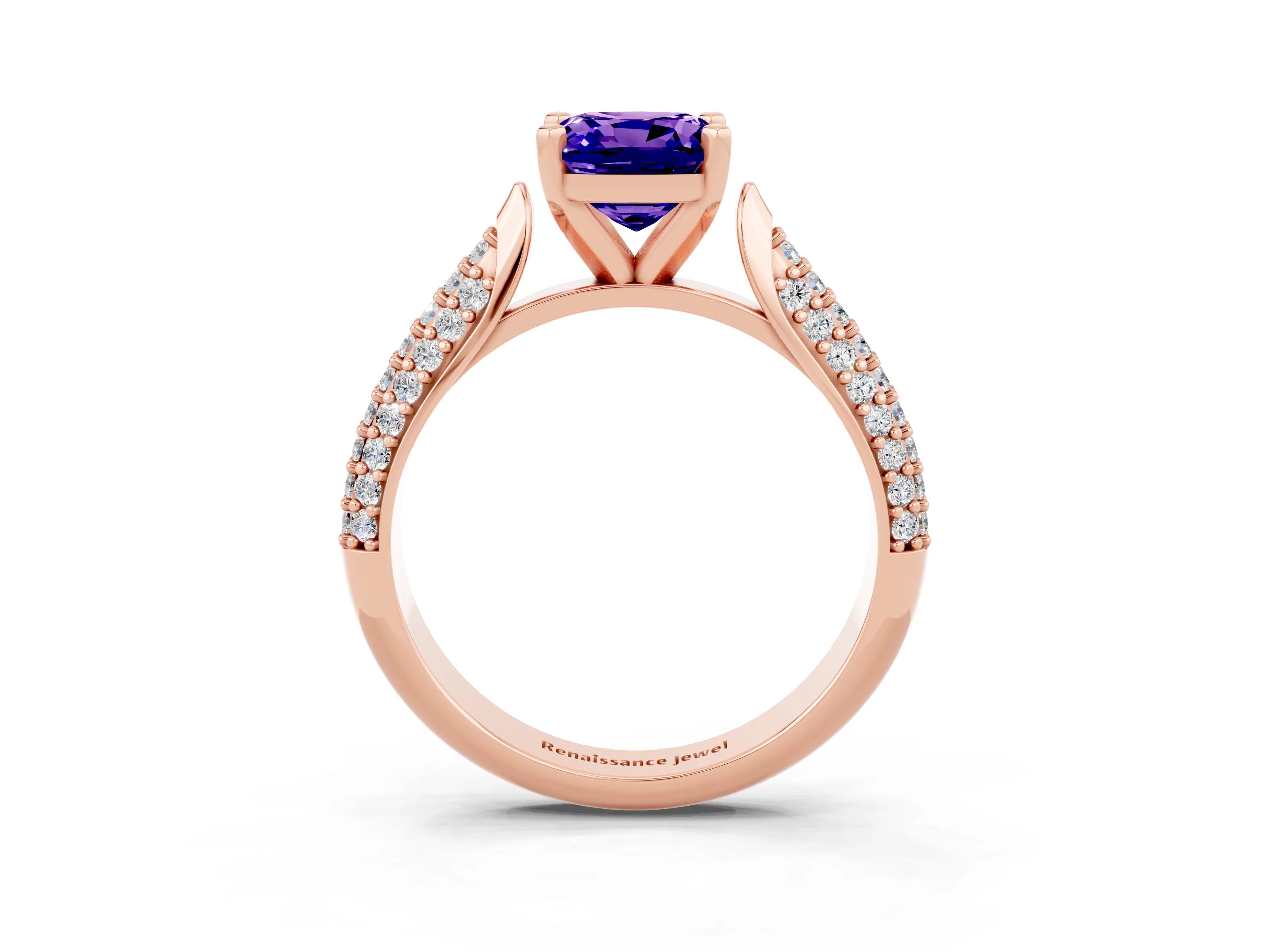 Rose gold Cushion Cut Diamond Solitaire Engagement Ring with Pavé Band and Four-Prong Setting_3