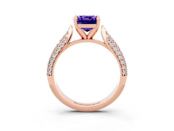 Rose gold Cushion Cut Tanzanite Solitaire Engagement Ring with Multi-Row Round Pavé Band and Prong Setting