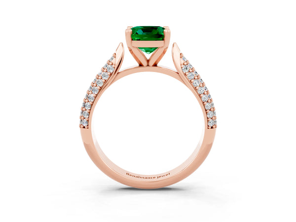 Rose gold Cushion Cut Emerald Solitaire Engagement Ring with Multi-Row Round Pavé Band and Prong Setting