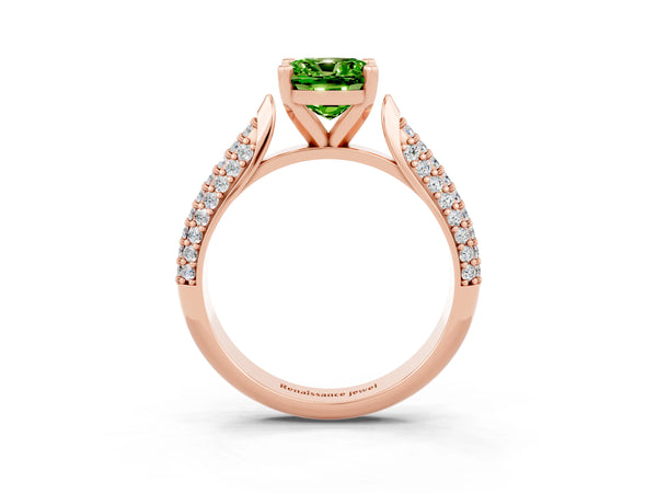 Rose gold Cushion Cut Diamond Solitaire Engagement Ring with Pavé Band and Four-Prong Setting