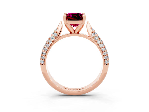 Rose gold Cushion Cut Garnet Solitaire Engagement Ring with Multi-Row Round Pavé Band and Prong Setting