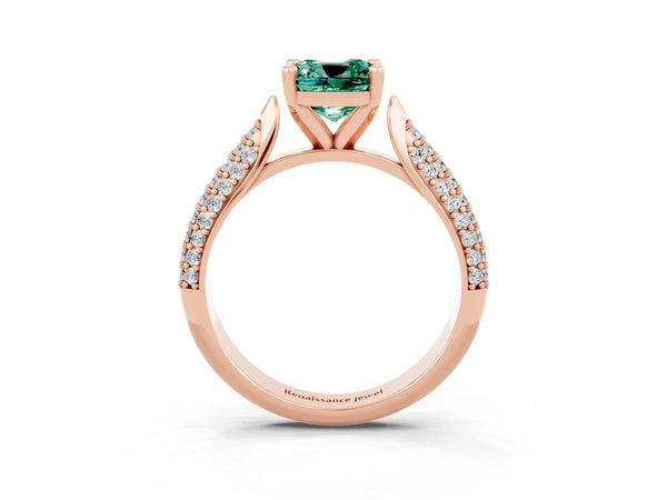 Rose gold Cushion Cut Green Sapphire Solitaire Engagement Ring with Multi-Row Round Pavé Band and Prong Setting