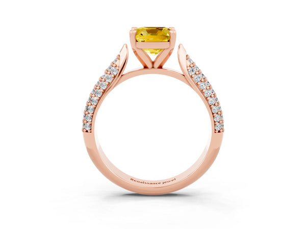 Rose gold Cushion Cut Yellow Sapphire Solitaire Engagement Ring with Multi-Row Round Pavé Band and Prong Setting
