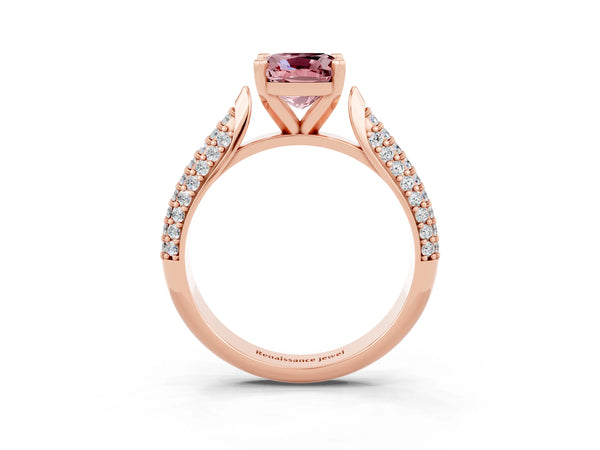 Rose gold Cushion Cut Diamond Solitaire Engagement Ring with Pavé Band and Four-Prong Setting