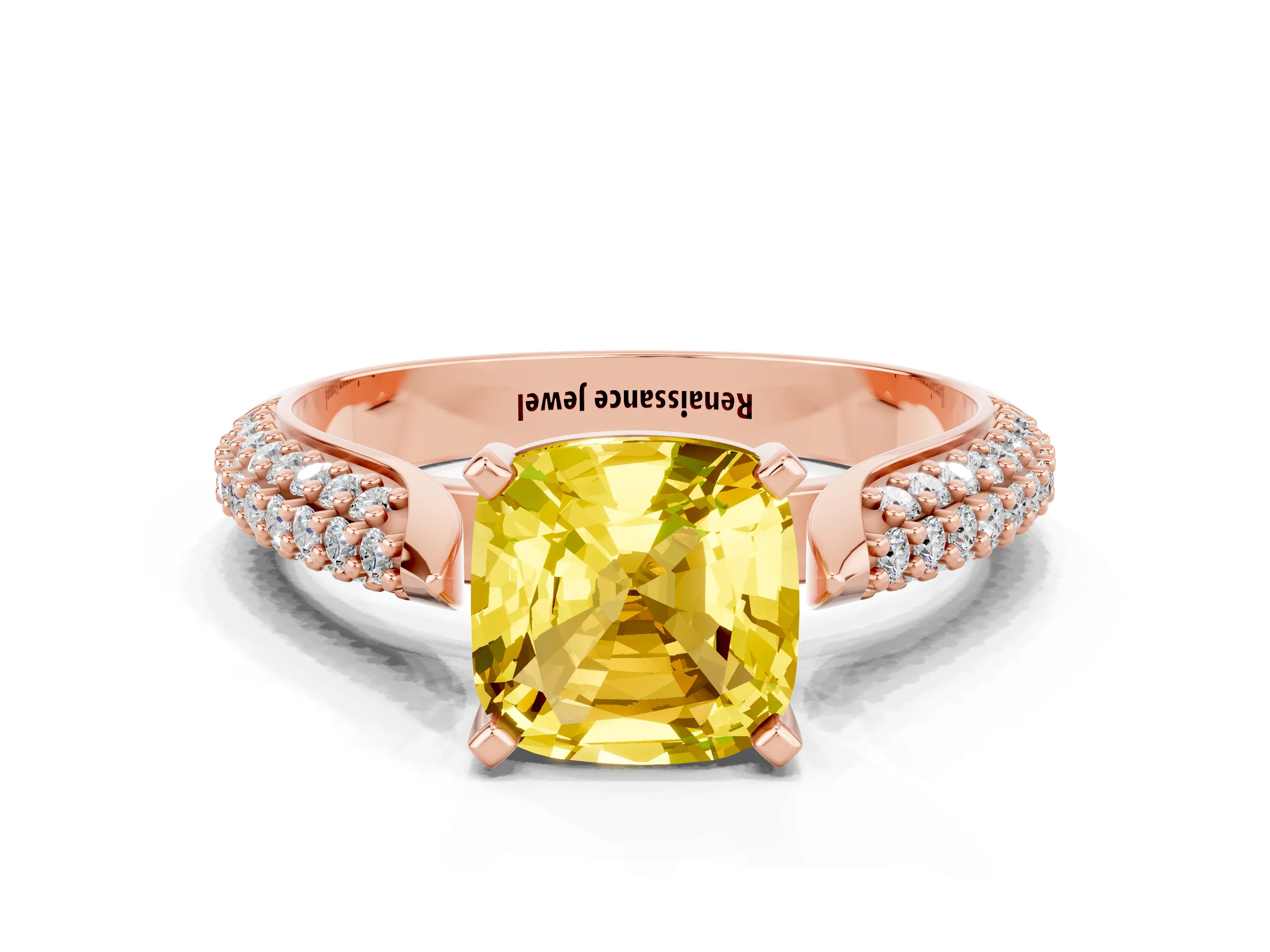 Rose gold Cushion Cut Diamond Solitaire Engagement Ring with Pavé Band and Four-Prong Setting