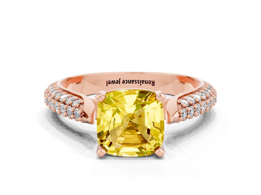 Rose gold Cushion Cut Diamond Solitaire Engagement Ring with Pavé Band and Four-Prong Setting