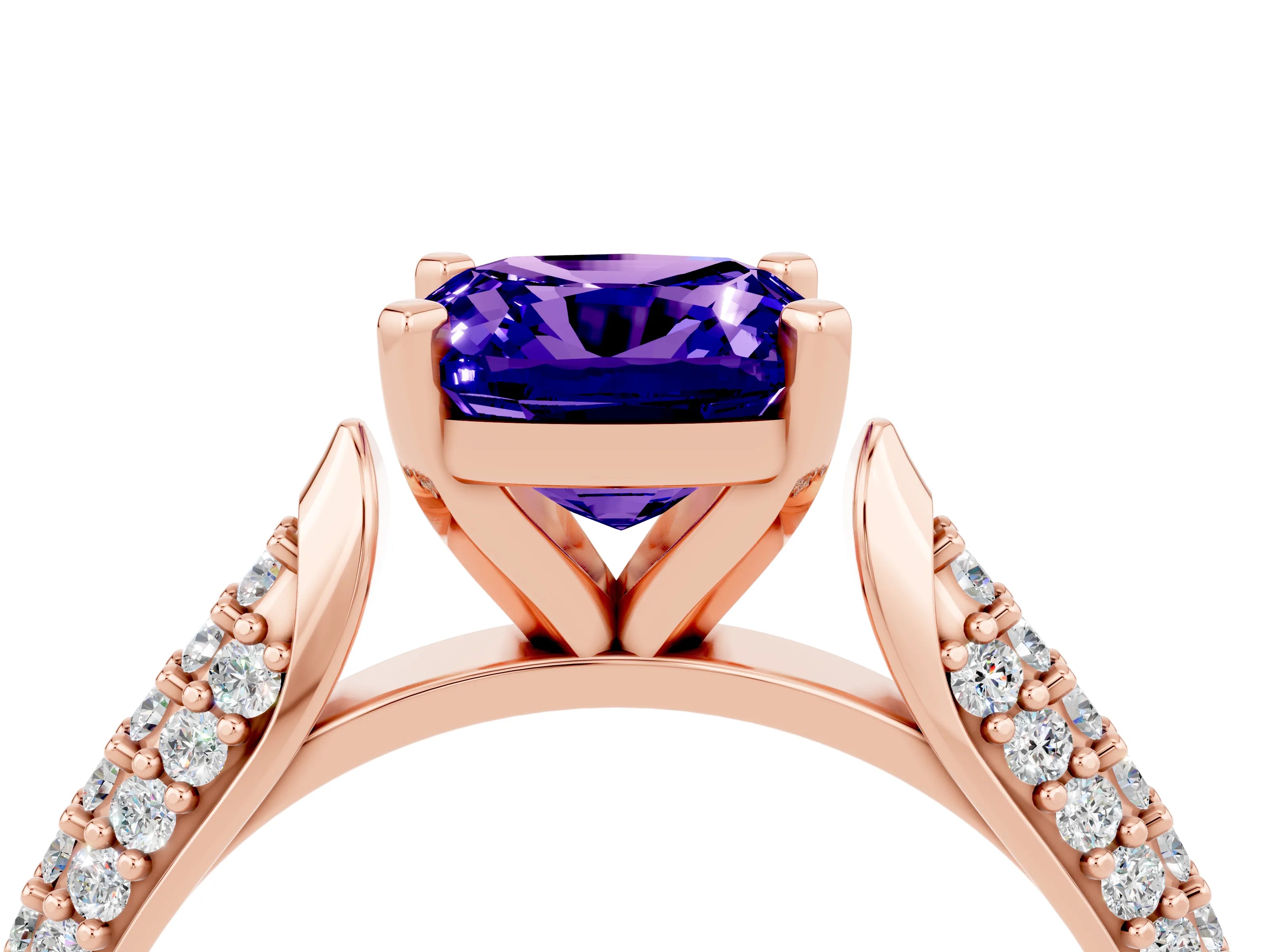 Rose gold Cushion Cut Diamond Solitaire Engagement Ring with Pavé Band and Four-Prong Setting_4