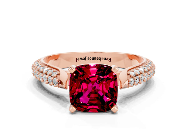 Rose gold Cushion Cut Garnet Solitaire Engagement Ring with Multi-Row Round Pavé Band and Prong Setting