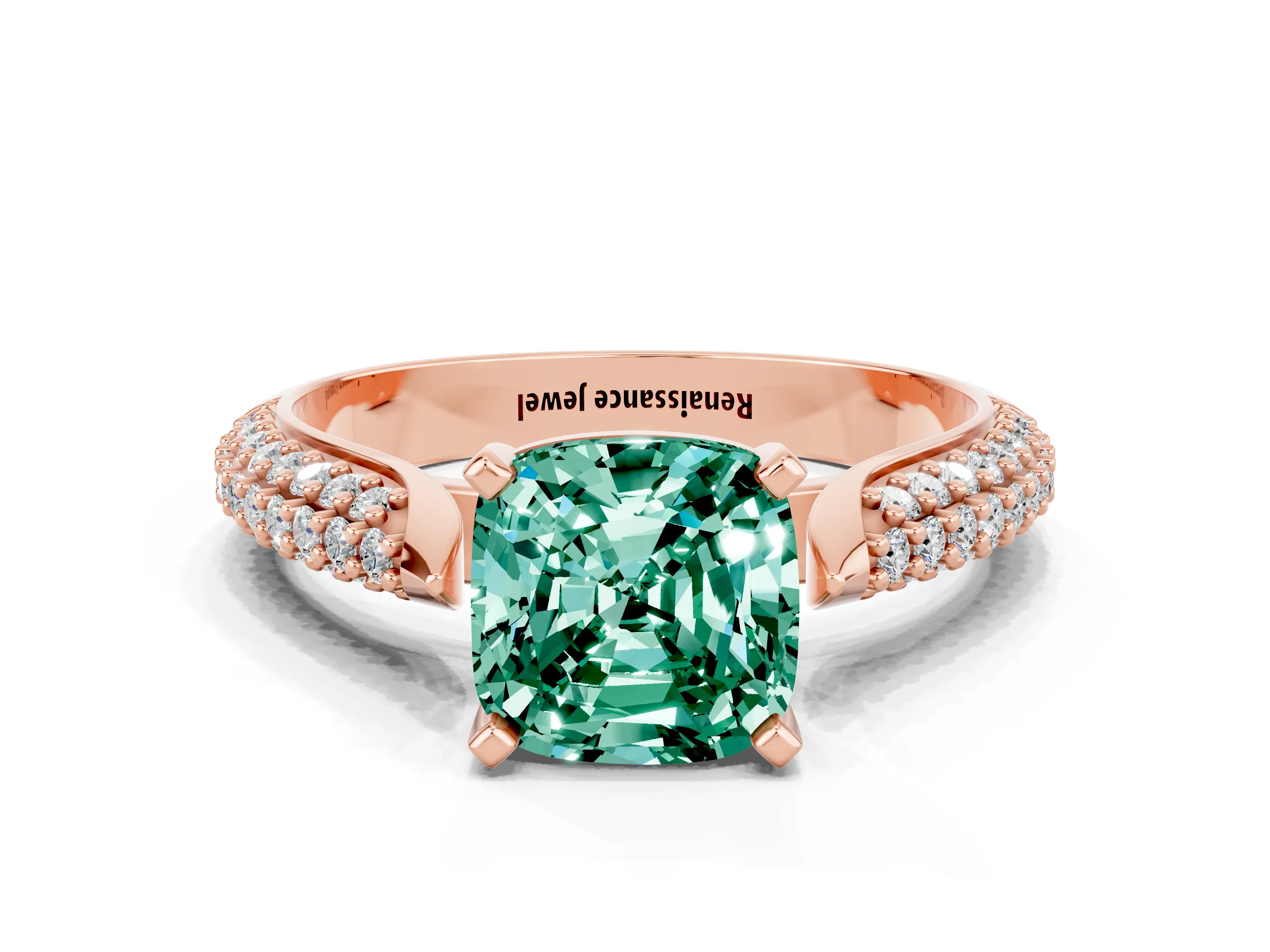 Rose gold Cushion Cut Diamond Solitaire Engagement Ring with Pavé Band and Four-Prong Setting