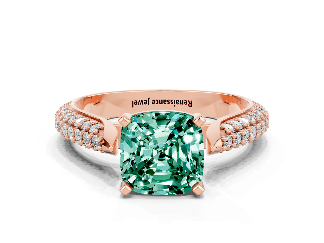 Rose gold Cushion Cut Diamond Solitaire Engagement Ring with Pavé Band and Four-Prong Setting