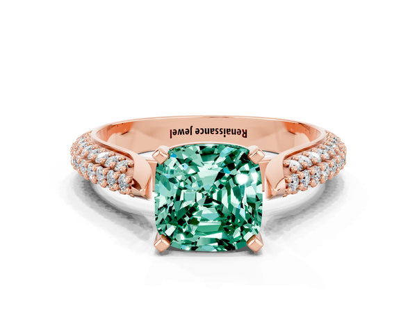 Rose gold Cushion Cut Green Sapphire Solitaire Engagement Ring with Multi-Row Round Pavé Band and Prong Setting