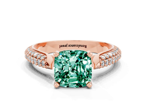 Rose gold Cushion Cut Diamond Solitaire Engagement Ring with Pavé Band and Four-Prong Setting