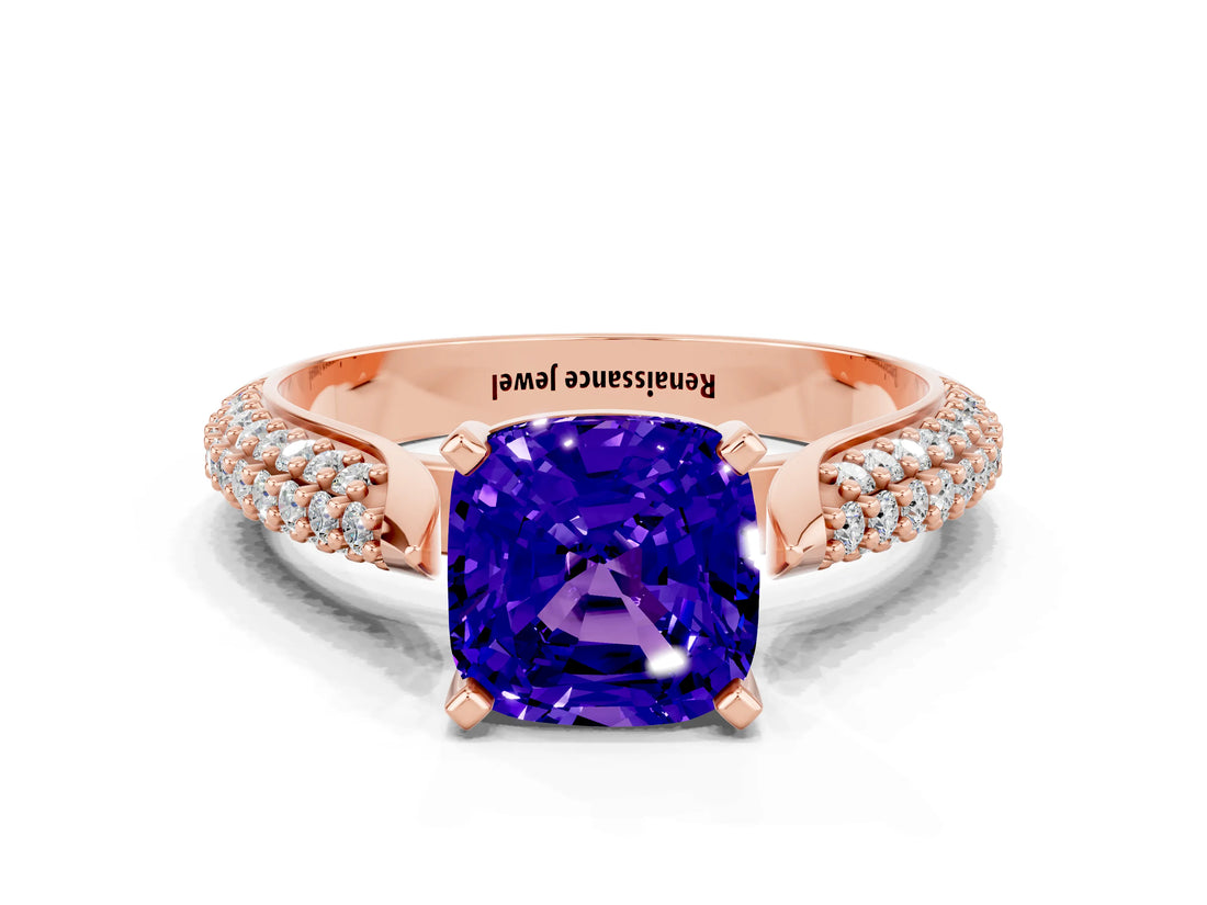 Rose gold Cushion Cut Diamond Solitaire Engagement Ring with Pavé Band and Four-Prong Setting