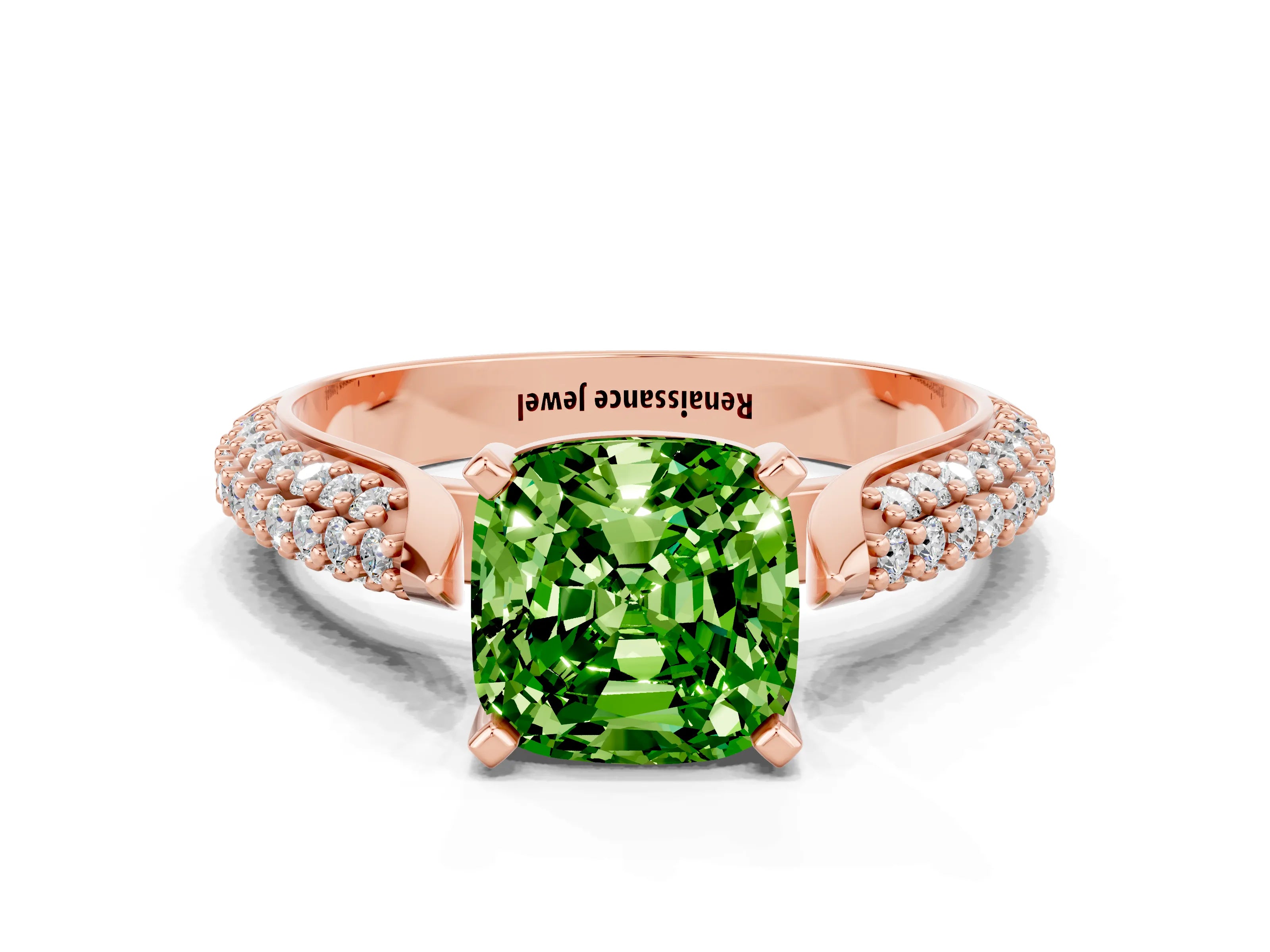 Rose gold Cushion Cut Diamond Solitaire Engagement Ring with Pavé Band and Four-Prong Setting