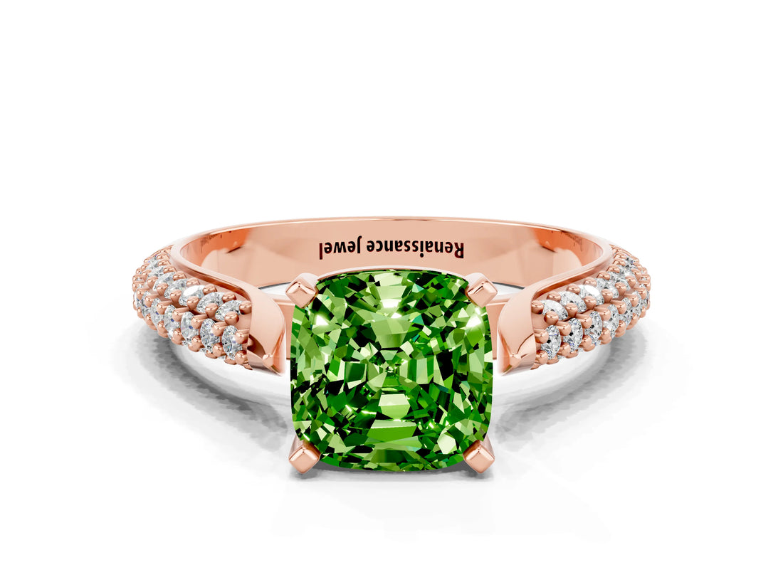 Rose gold Cushion Cut Diamond Solitaire Engagement Ring with Pavé Band and Four-Prong Setting
