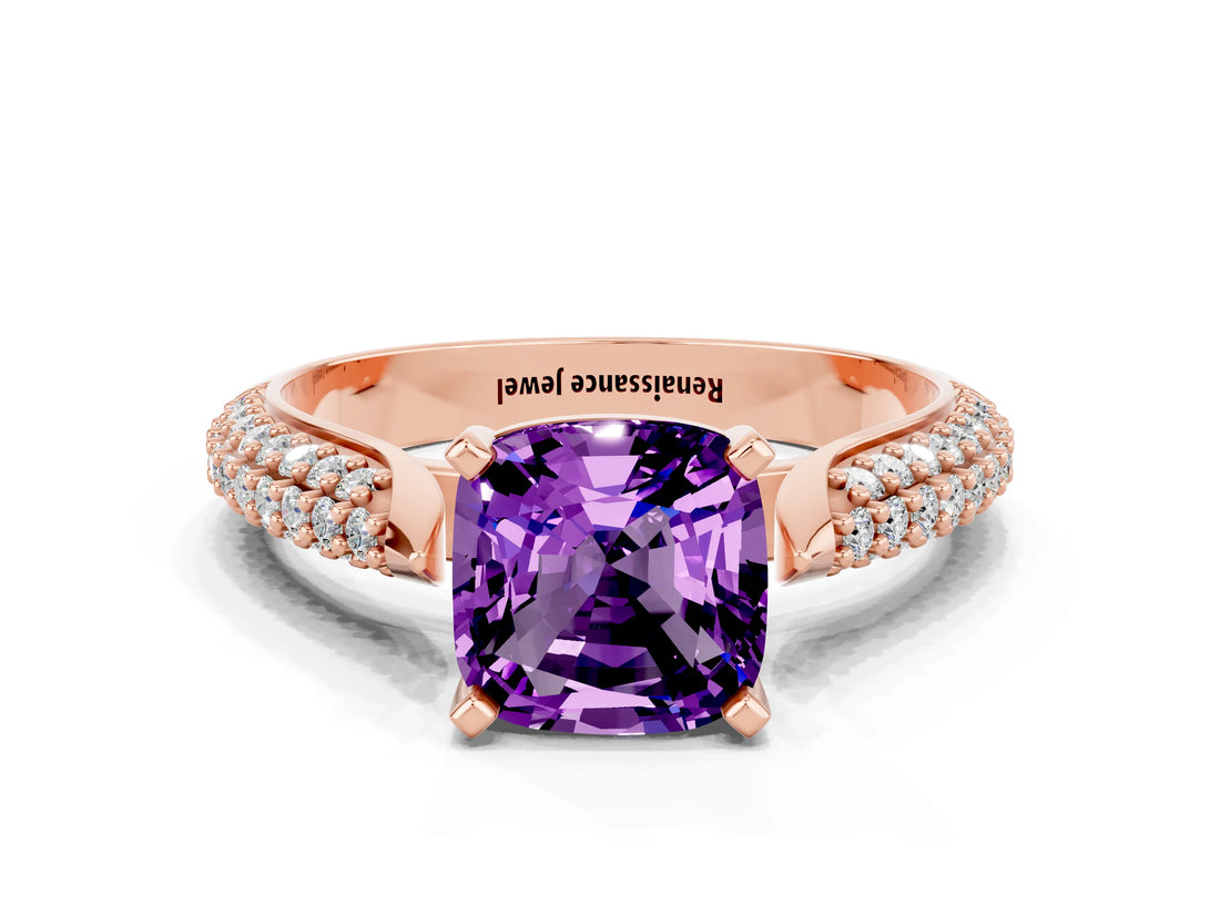 Rose gold Cushion Cut Diamond Solitaire Engagement Ring with Pavé Band and Four-Prong Setting