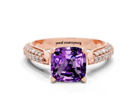 Rose gold Cushion Cut Diamond Solitaire Engagement Ring with Pavé Band and Four-Prong Setting