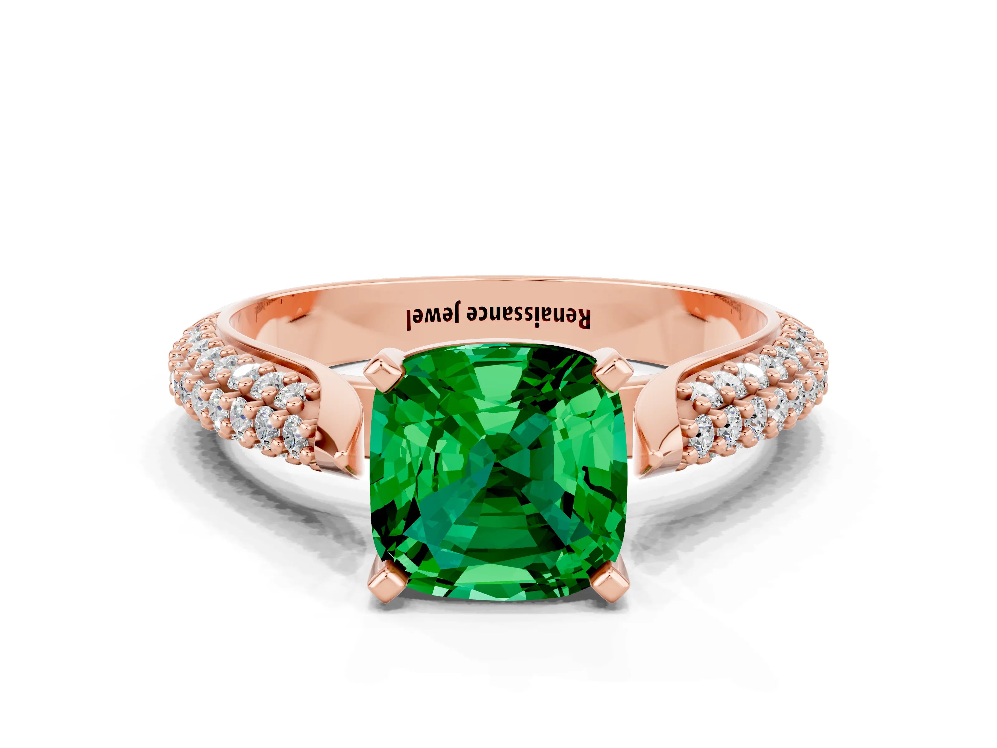 Rose gold Cushion Cut Diamond Solitaire Engagement Ring with Pavé Band and Four-Prong Setting