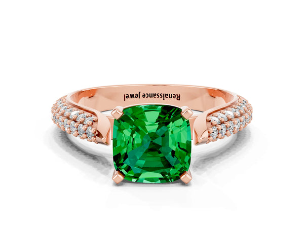 Rose gold Cushion Cut Emerald Solitaire Engagement Ring with Multi-Row Round Pavé Band and Prong Setting