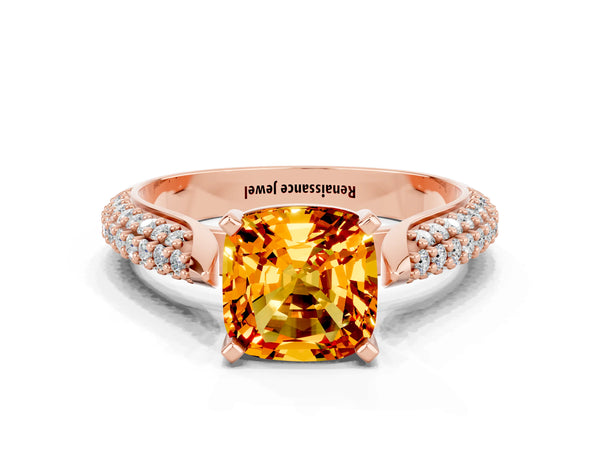 Rose gold Cushion Cut Citrine Solitaire Engagement Ring with Multi-Row Round Pavé Band and Prong Setting