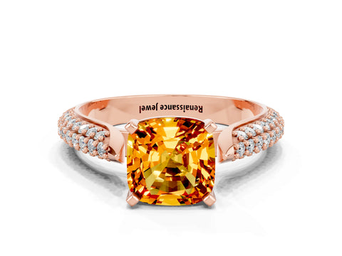 Rose gold Cushion Cut Diamond Solitaire Engagement Ring with Pavé Band and Four-Prong Setting