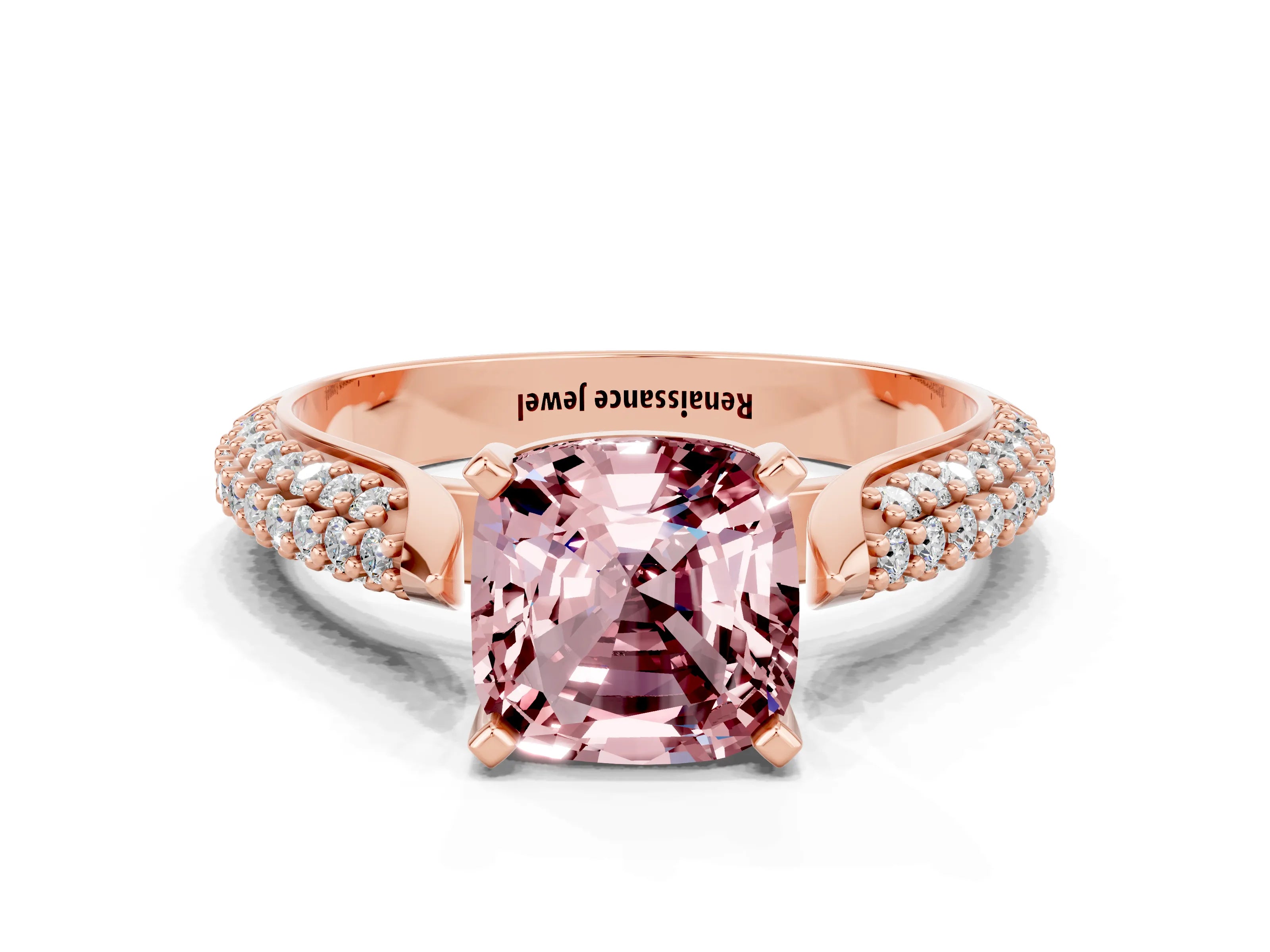 Rose gold Cushion Cut Diamond Solitaire Engagement Ring with Pavé Band and Four-Prong Setting
