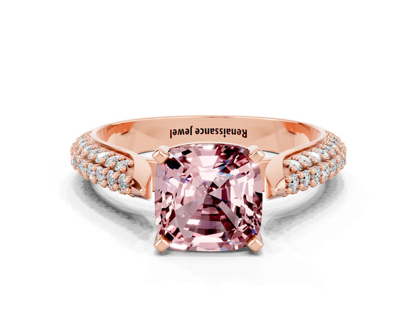 Rose gold Cushion Cut Diamond Solitaire Engagement Ring with Pavé Band and Four-Prong Setting
